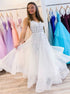 A Line White V Neck Tulle Sequin Backless Prom Dress LBQ4082